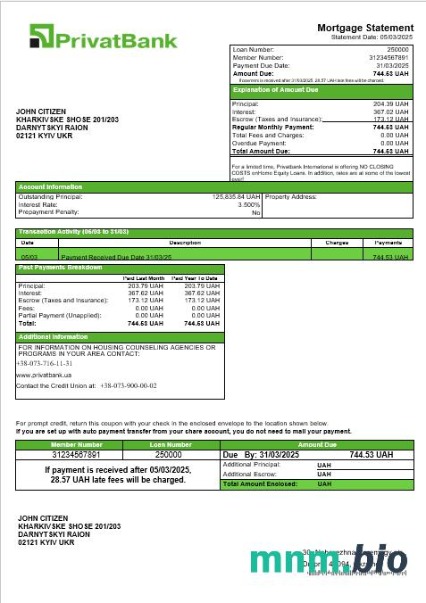 Ukraina Privatbank wyciąg z kredytu hipotecznego w formatach Word i PDF